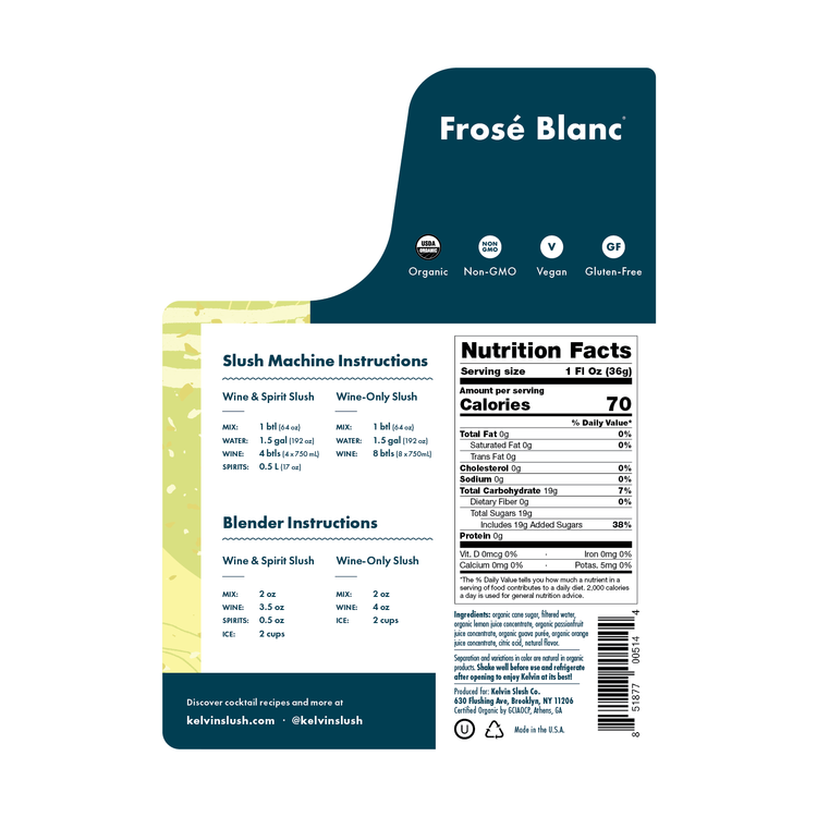 Kelvin Slush Frose Blanc Frozen Cocktail Mix - 64 Z - Back Label