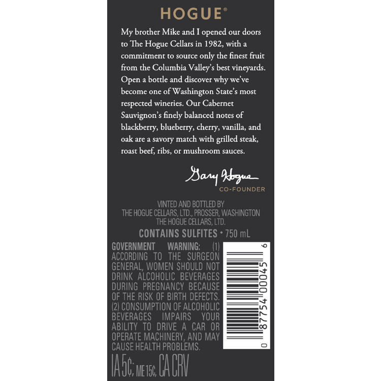 The Hogue Cellars Cabernet Sauvignon Columbia Valley - 750ML - Back Label