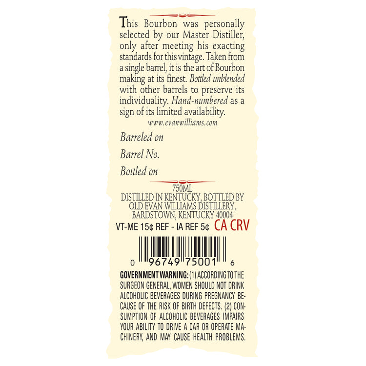 Evan Williams Straight Bourbon Single Barrel 86.6 - 750ML - Back Label