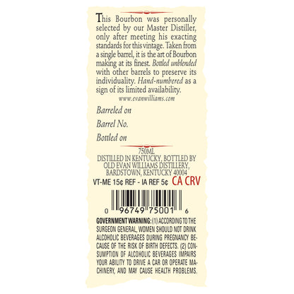 Evan Williams Straight Bourbon Single Barrel 86.6 - 750ML - Back Label