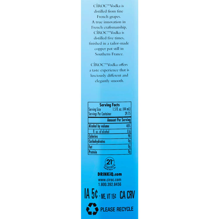 Ciroc Vodka Snap Frost 80 - 1.75L - Back Label