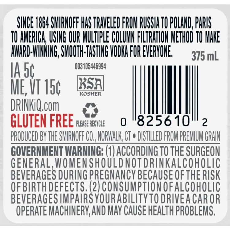 Smirnoff Vodka 80 - 375ML - Back Label