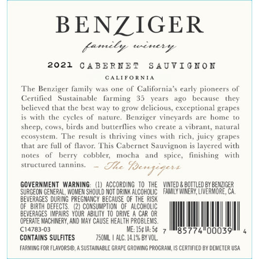 Benziger Family Winery Cabernet Sauvignon California - 750ML - Back