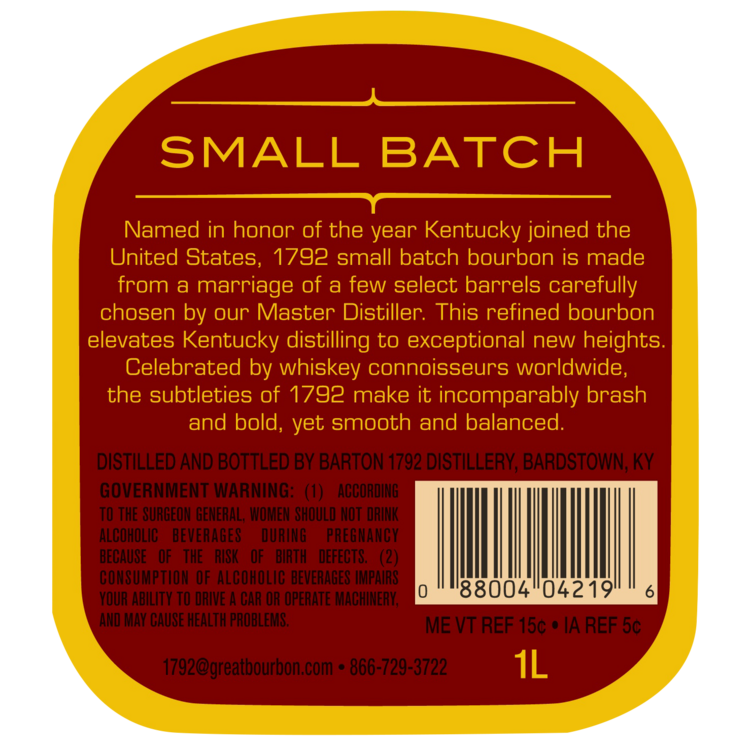 1792 Straight Bourbon Small Batch 93.7 - 1.0L - Back Label