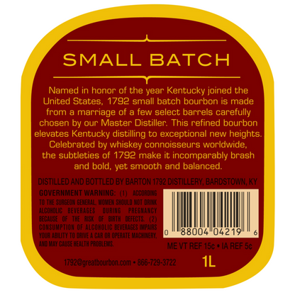 1792 Straight Bourbon Small Batch 93.7 - 1.0L - Back Label