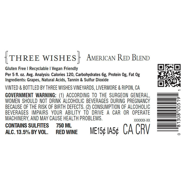 Three Wishes Red Blend American - 750ML - Back