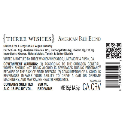 Three Wishes Red Blend American - 750ML - Back