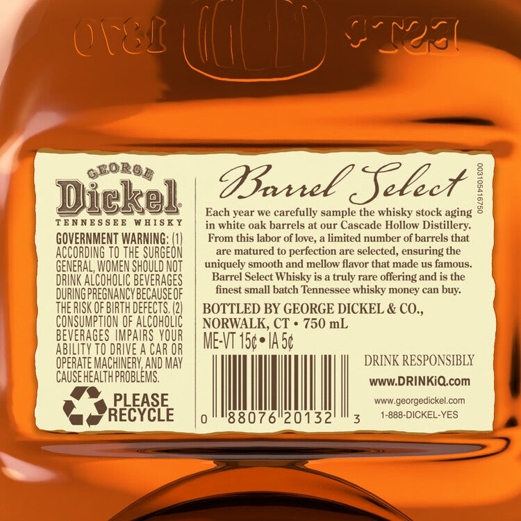 George Dickel Tennessee Whiskey Barrel Select 86 - 750ML - Back Label