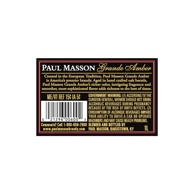 Paul Masson Brandy Grande Amber Vs 80 - 1.0L - Back Label