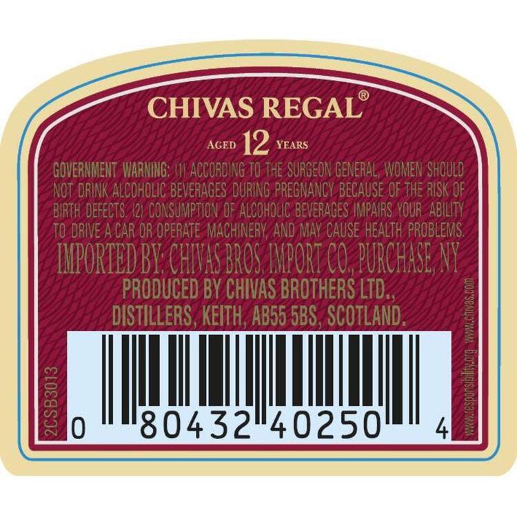 Chivas Regal Blended Scotch 12 Yr 80 - 1.75L - Back Label