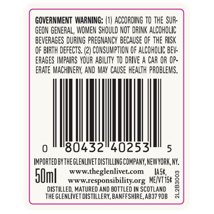 The Glenlivet Single Malt Scotch 12 Yr 80 - 50ML - Back Label