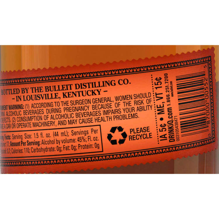 Bulleit Straight Bourbon Frontier Whiskey 6 Yr 90 - 750ML - Back Label