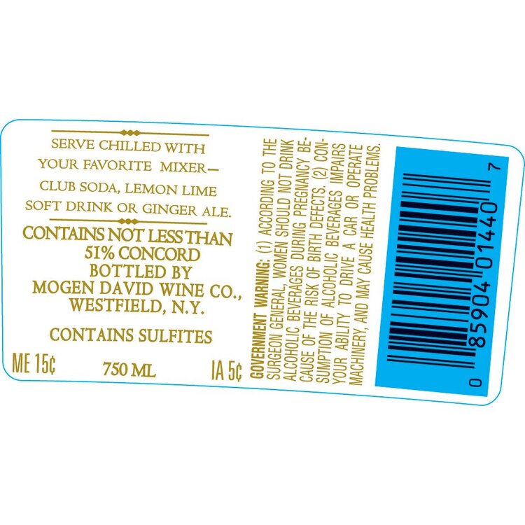 Mogen David Concord New York - 750ML - Back Label