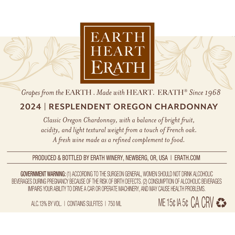 Erath Chardonnay Resplendent Oregon 2024 - 750ML - Back Label