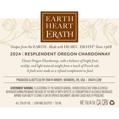 Erath Chardonnay Resplendent Oregon 2024 - 750ML - Back Label