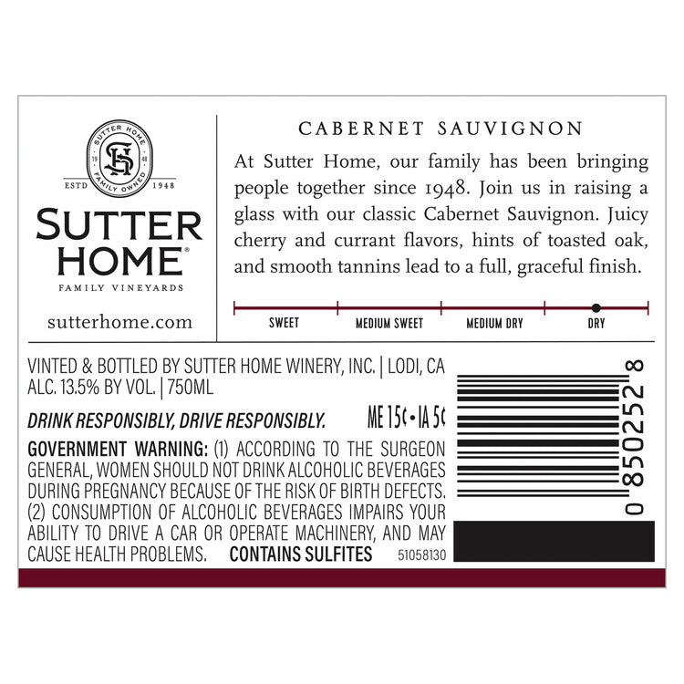 Sutter Home Cabernet Sauvignon California - 750ML - Back Label