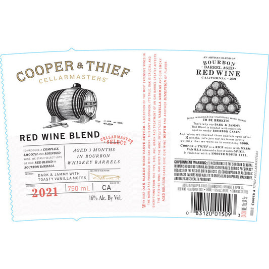 Cooper & Thief Red Wine Blend Bourbon Barrel Aged California - 750ML - Back Label