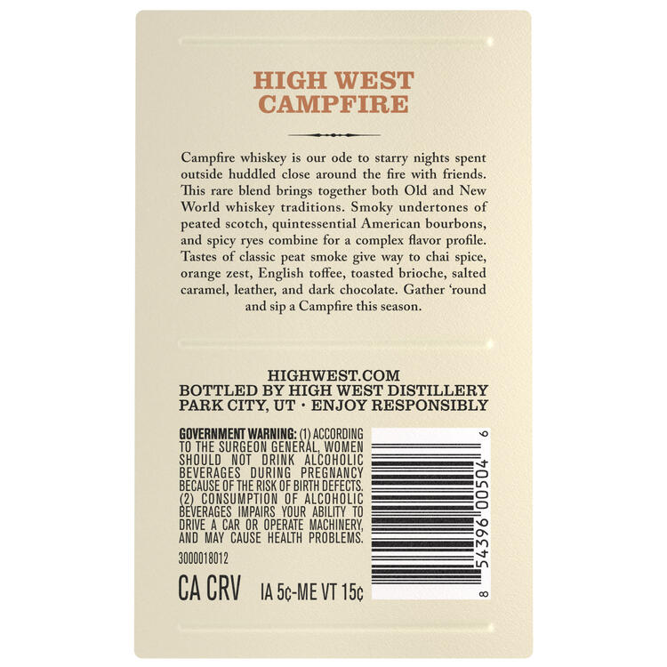 High West Campfire Whiskey A Blend Of American & Scottish Whiskies 92 - 750ML - Back Label