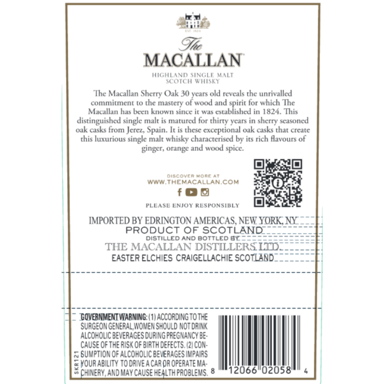 The Macallan Single Malt Scotch 30 Yr 86 - 750ML - Back Label