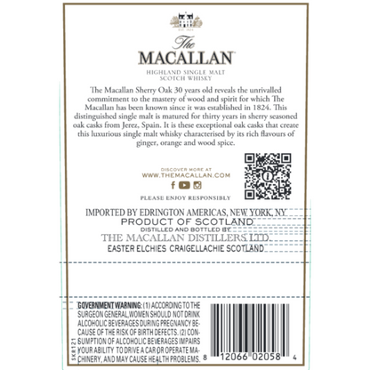 The Macallan Single Malt Scotch 30 Yr 86 - 750ML - Back Label