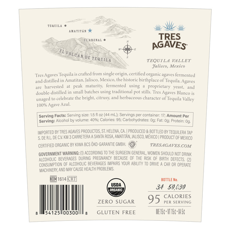 Tres Agaves Tequila Blanco 80 - 750ML - Back Label