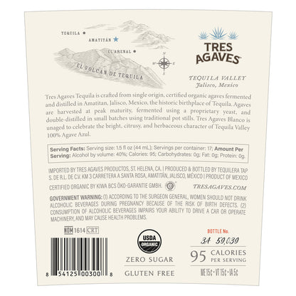 Tres Agaves Tequila Blanco 80 - 750ML - Back Label