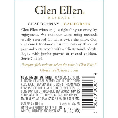 Glen Ellen Chardonnay California - 750ML - Back