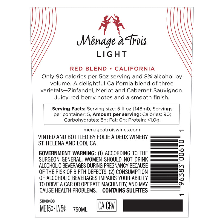 Menage A Trois Light Red Blend California - 750ML - Back Label
