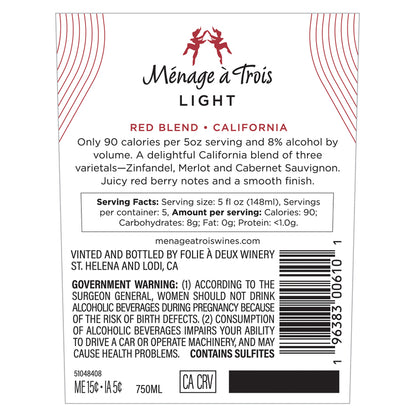 Menage A Trois Light Red Blend California - 750ML - Back Label