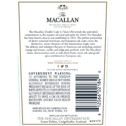 The Macallan Single Malt Scotch Double Cask 12 Yr 86 - 375ML - Back Label
