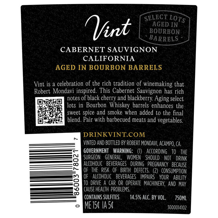Robert Mondavi Private Selection Cabernet Sauvignon Aged In Bourbon Ba - 750ML - Back Label