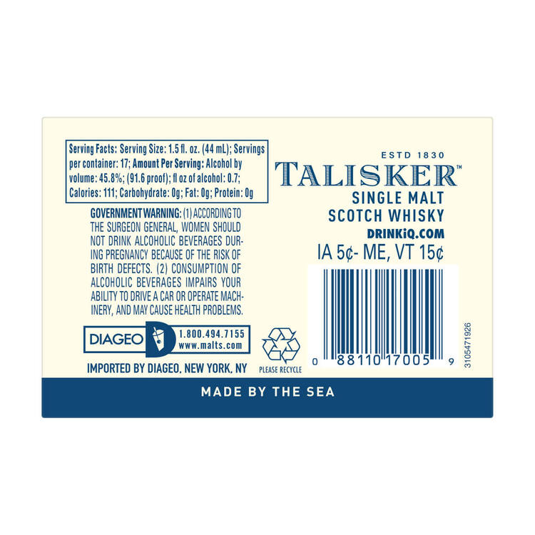 Talisker Single Malt Scotch 10 Yr 91.6 - 750ML - Back Label