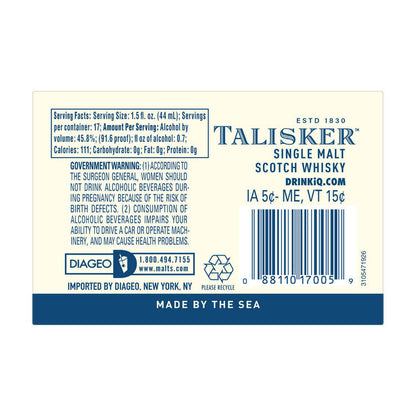 Talisker Single Malt Scotch 10 Yr 91.6 - 750ML - Back Label