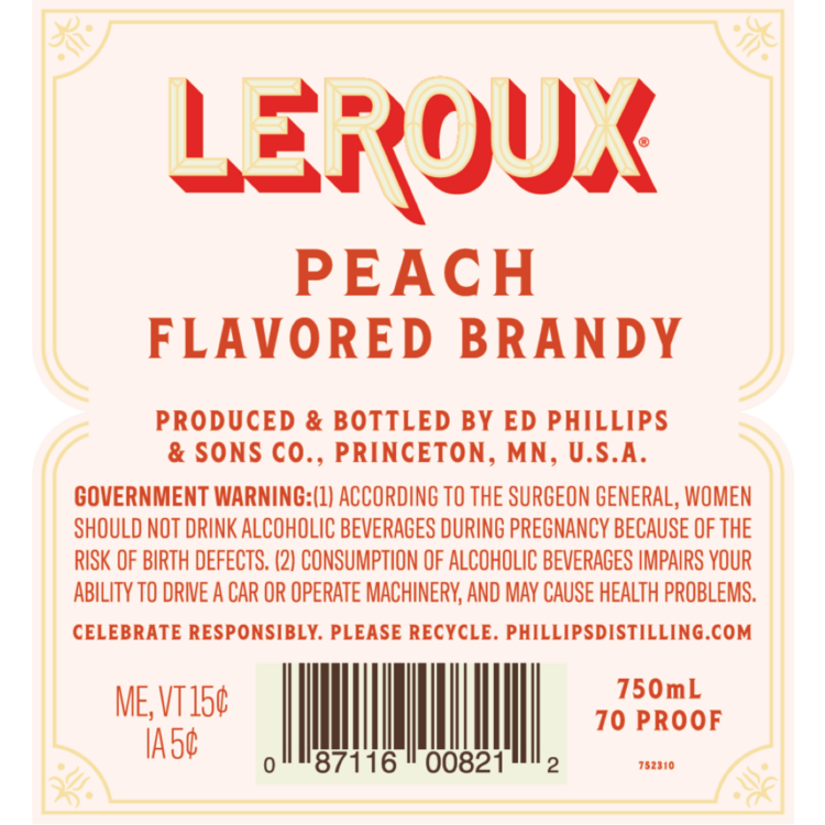 Leroux Peach Flavored Brandy 70 - 750ML - Back Label