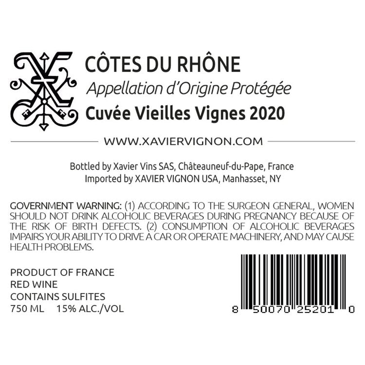Xavier Vignon Cotes Du Rhone Rouge Cuvee Vieilles Vignes 2020 - 750ML - Back Label