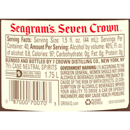 Seagram's Blended American Whiskey 7 Crown 80 - 1.75L - Back Label