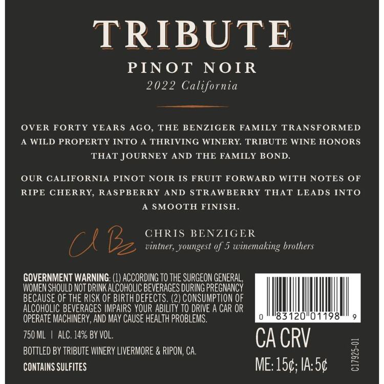 Tribute Pinot Noir Monterey County - 750ML - Back