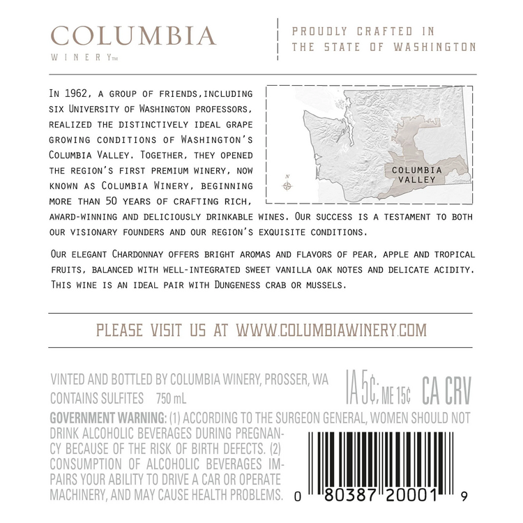 Columbia Winery Chardonnay Columbia Valley - 750ML - Back Label