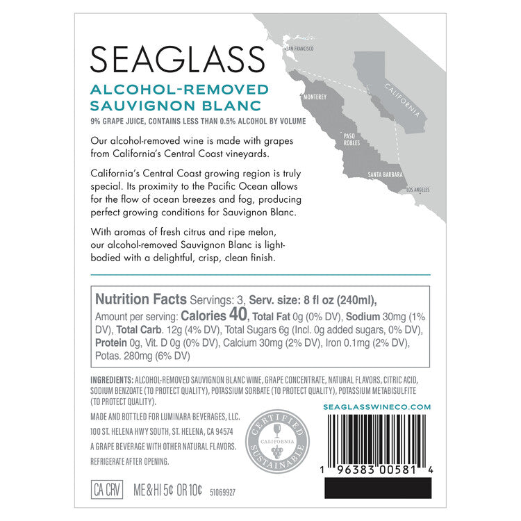 Seaglass Pinot Grigio Alcohol Removed Monterey County - 750ML - Back Label