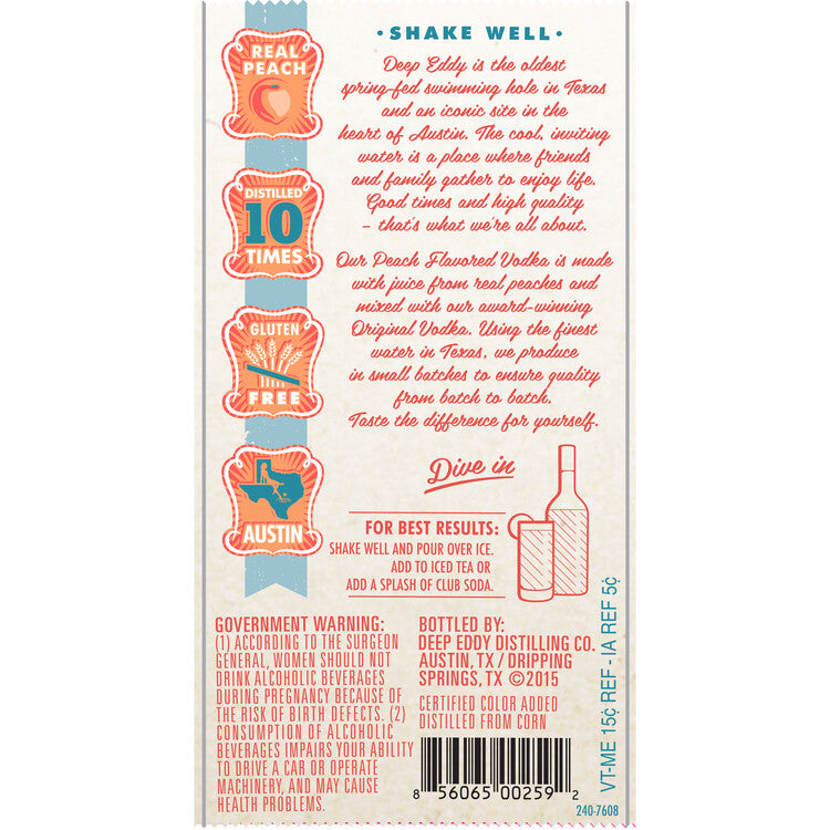 Deep Eddy Peach Flavored Vodka 70 - 1.0L - Back Label
