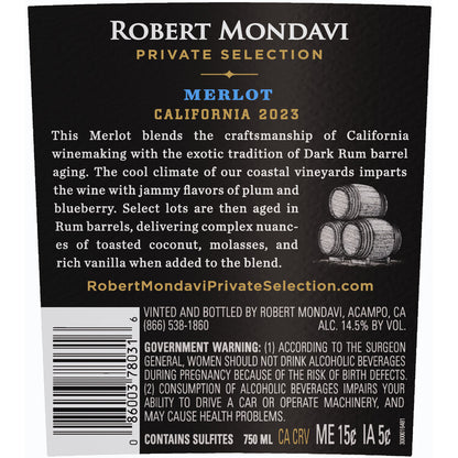 Robert Mondavi Private Selection Merlot Aged In Rum Barrels Monterey C - 750ML - Back Label
