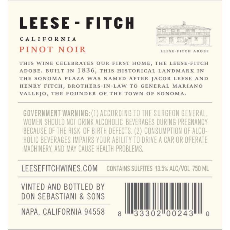 Leese Fitch Pinot Noir California - 750ML - Back Label