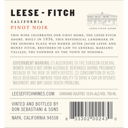 Leese Fitch Pinot Noir California - 750ML - Back Label
