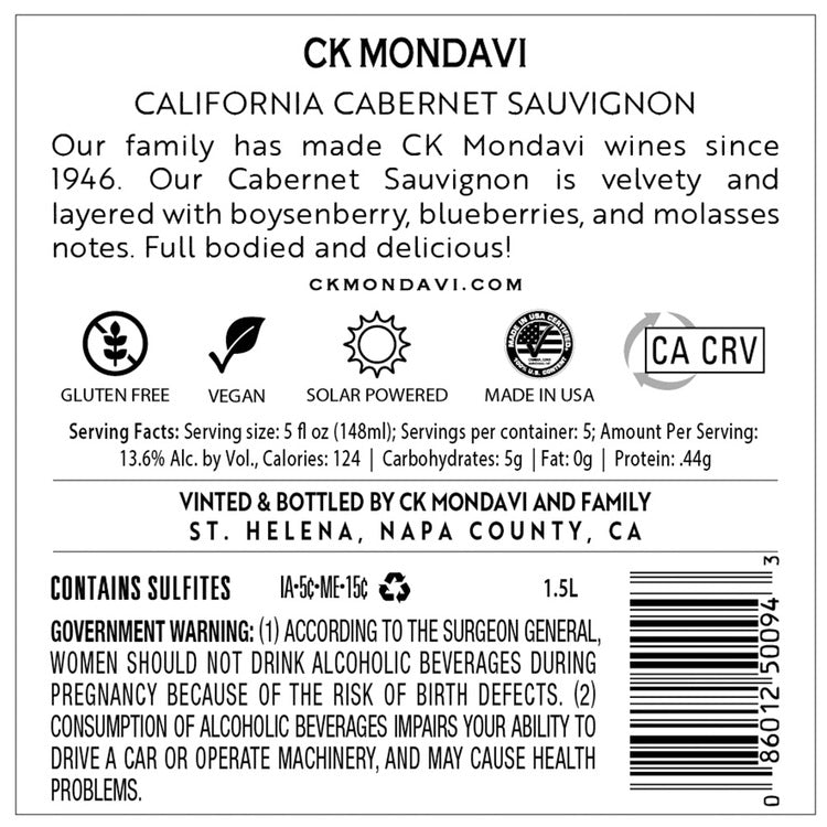 Ck Mondavi Cabernet Sauvignon California - 1.5L - Back Label