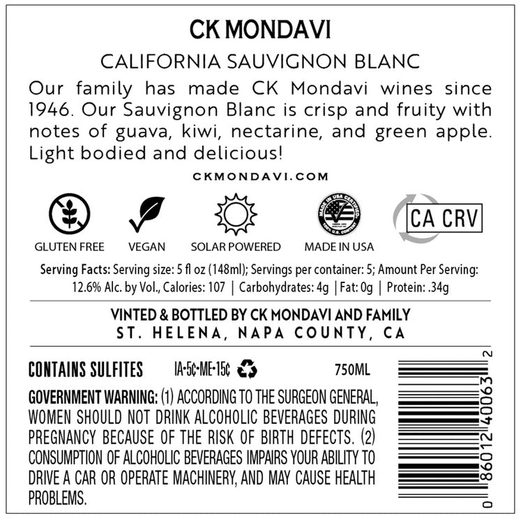 Ck Mondavi Sauvignon Blanc California - 750ML - Back Label