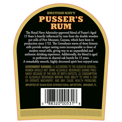 Pusser's Navy Rum British Navy 15 Yr 80 W/ Gift Box - 750ML - Back Label
