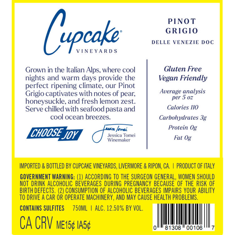 Cupcake Vineyards Pinot Grigio Delle Venezie - 750ML - Back