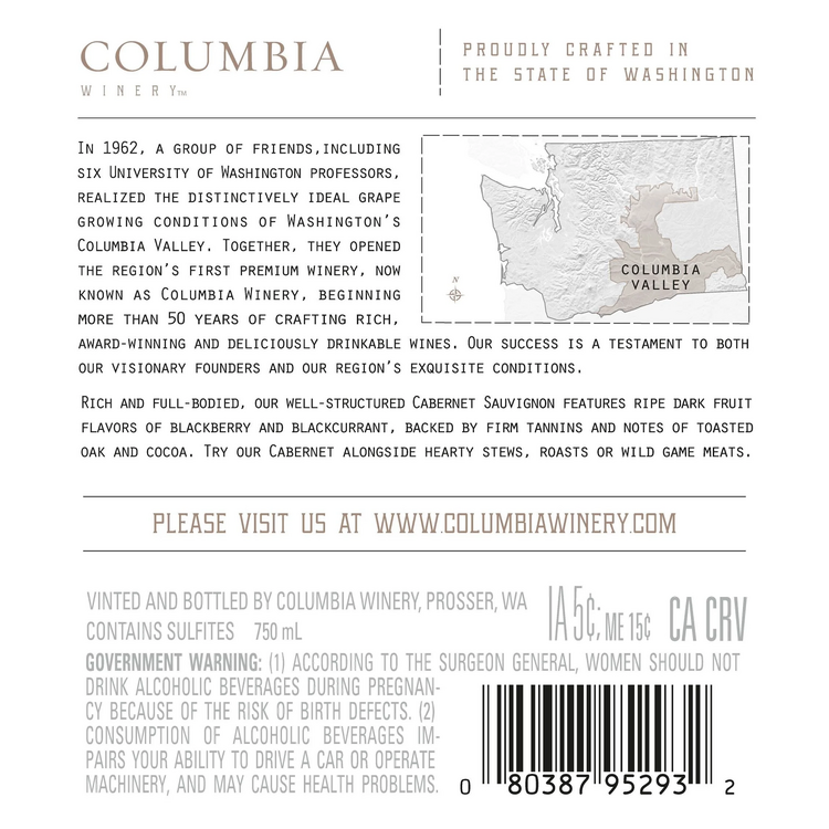 Columbia Winery Cabernet Sauvignon Columbia Valley - 750ML - Back Label