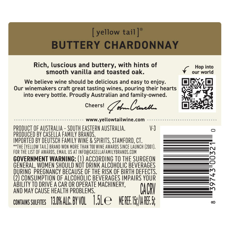 Yellow Tail Chardonnay Buttery South Eastern Australia - 1.5L - Back Label