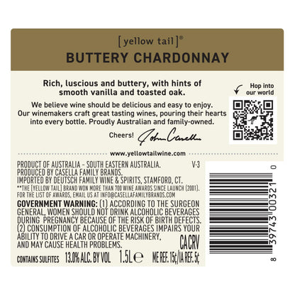 Yellow Tail Chardonnay Buttery South Eastern Australia - 1.5L - Back Label